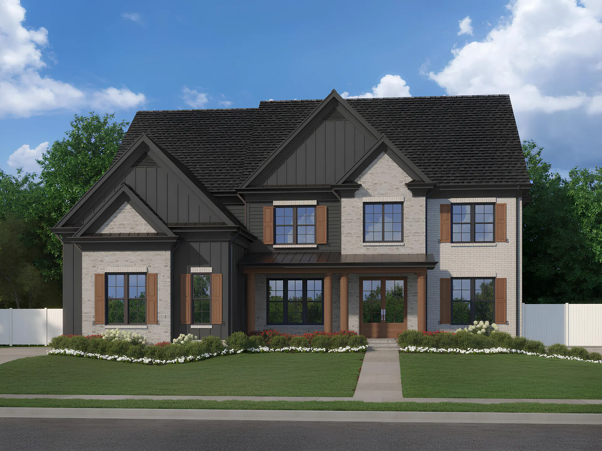 The Preserve II front elevation: dark board-and-batten gables with brick