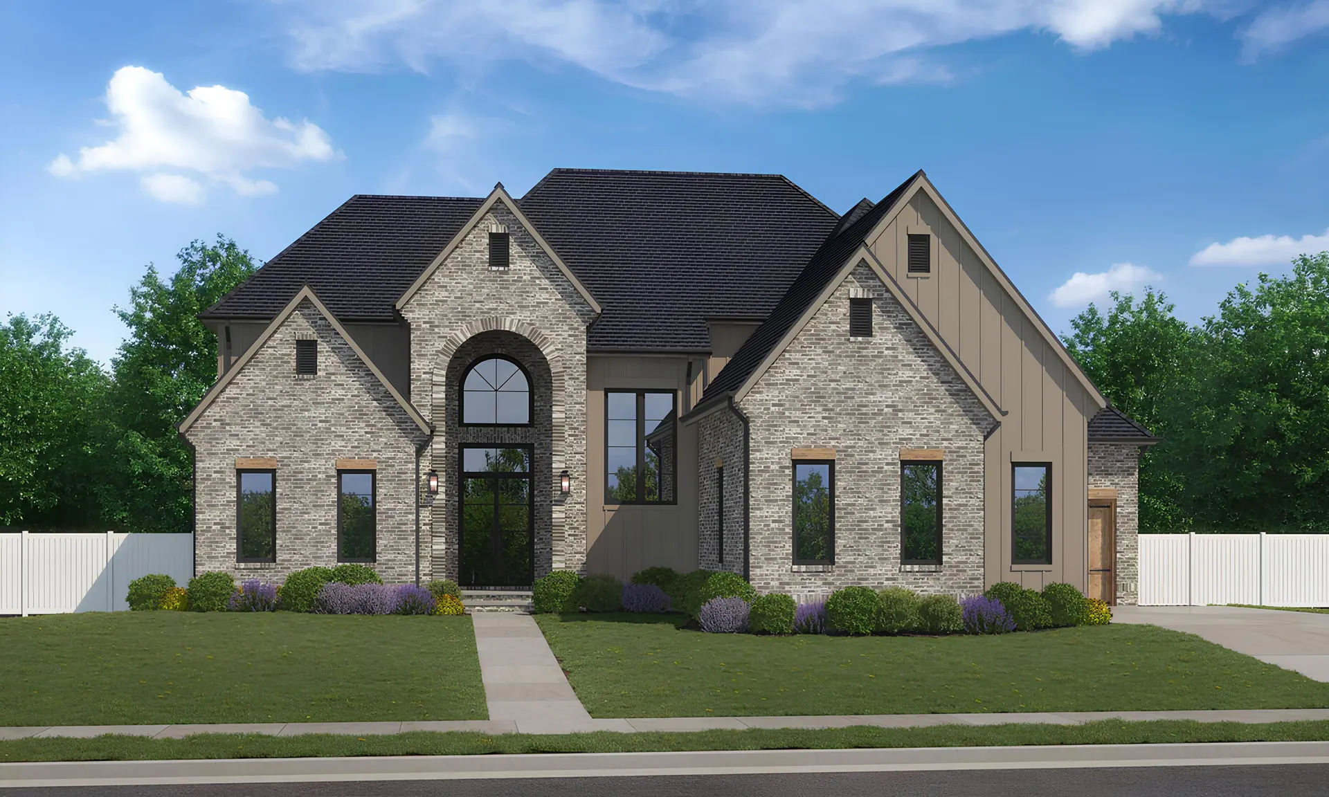 The Preserve III front elevation: stacked stone with an arched entry